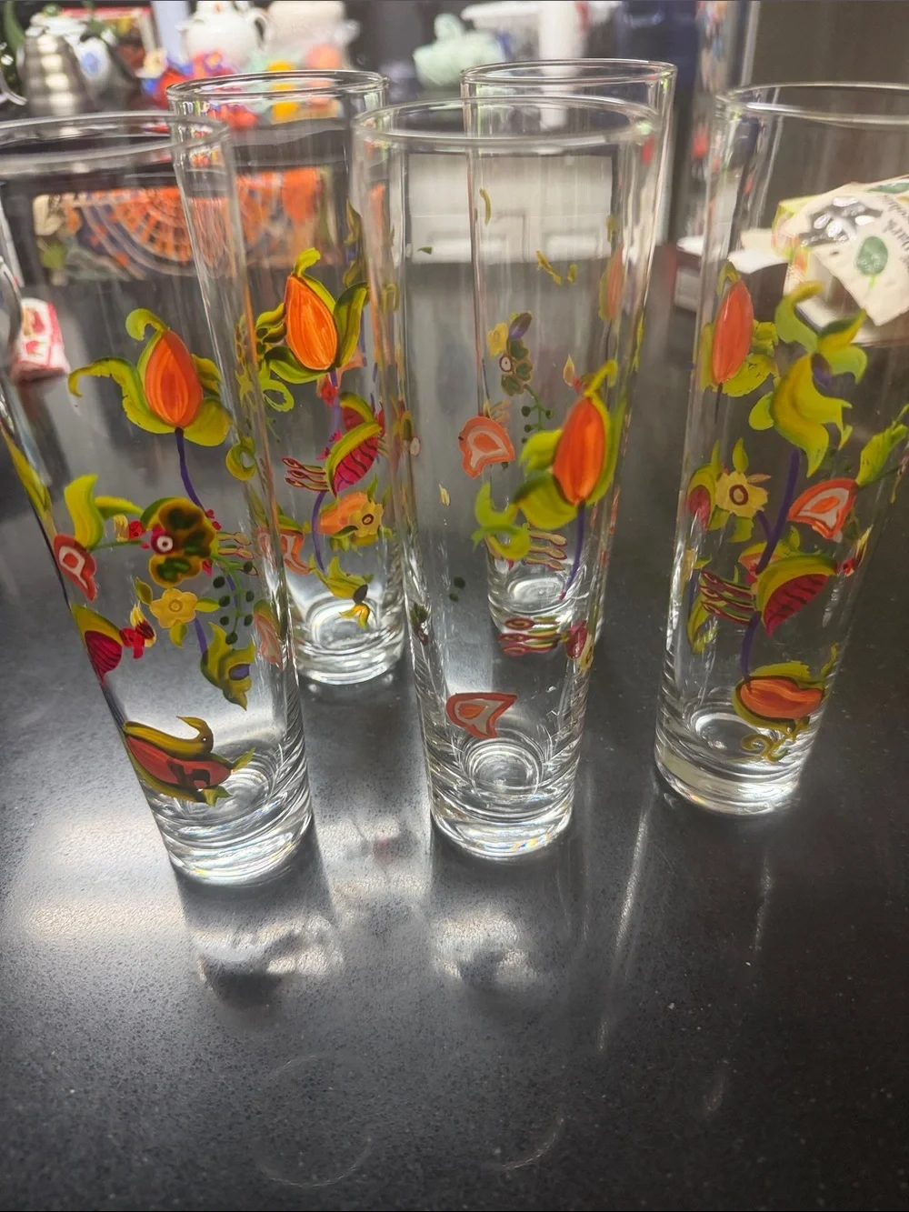 Hand-Painted Floral Tall Glasses - Orange and Green (Set of 6)